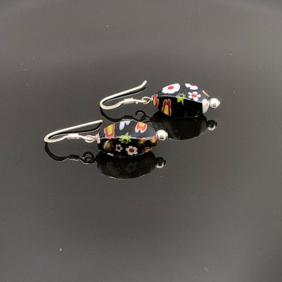 Sterling Silver Black Murano Glass Millefiori Drop Earrings J526 - Picture 2 of 5